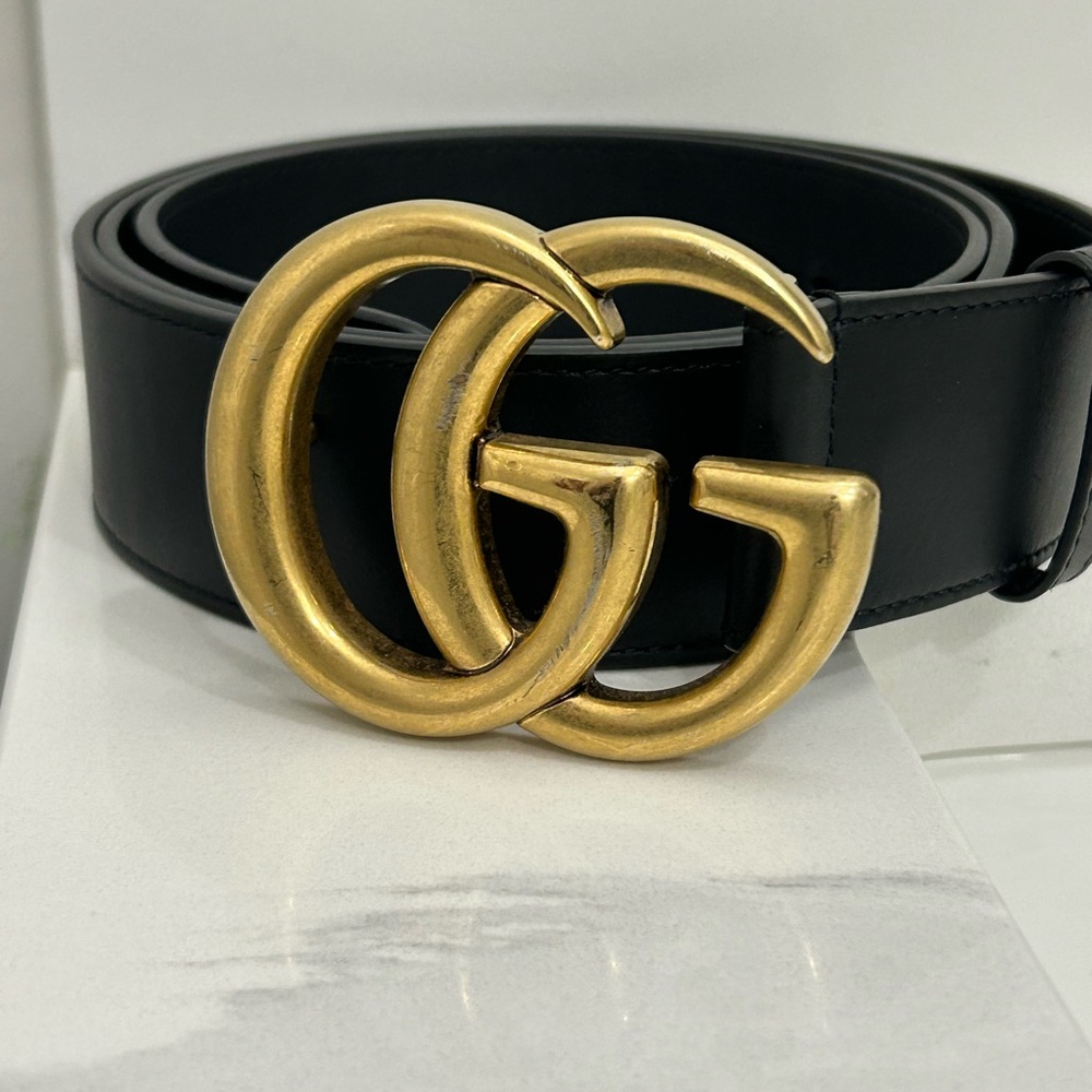 Gucci GG Marmont Black Leather Belt with Brass Hardware Size 100/40